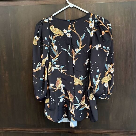Zapelle Puff Sleeve Owl Print Crepe Blouse Medium - Picture 4 of 5